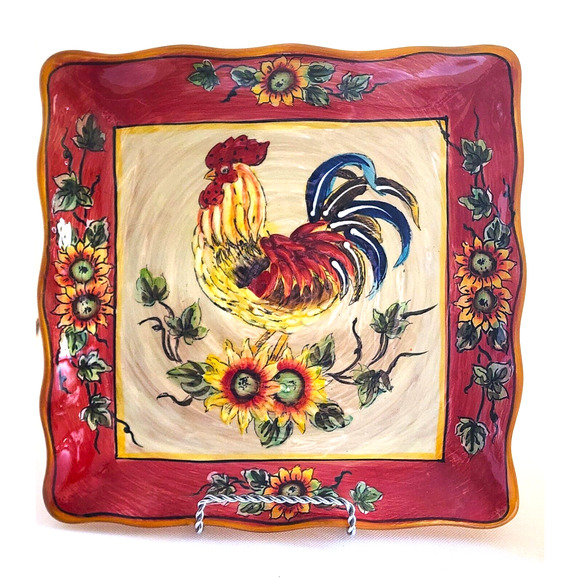 PLATTER/SERVING DISH-GALLO-Ceramic-Rooster-Sunflowers-Ruffled Edge-Decor-11"x11" - Picture 1 of 13